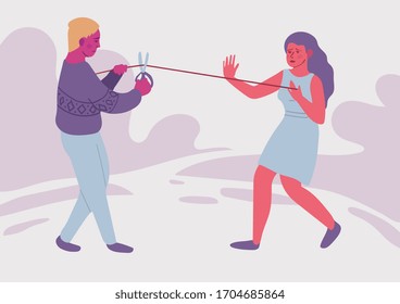 La adicción al amor. Concepto psicológico. Partición de dos personas. Relación difícil. La brecha. Divorcio. Ilustración vectorial colorida.