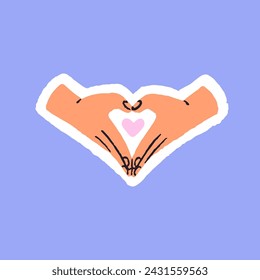 Love, admire, care symbol. Cute heart sign sticker. Hand gesture to show tender feelings. Expression of romantic emotions with fingers. Self acceptance. Flat handdrawn isolated vector illustration