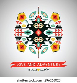 Love and Adventure. Colorful decorative vector element in native ethnic, mexican style