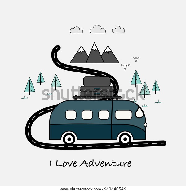 I Love Adventure typography with van, mountains and\
forest tree.