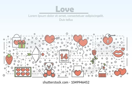 Love advertising vector illustration. Modern thin line art flat style design element with Saint Valentines day love romantic symbols, icons for website banners and printed materials.