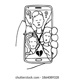 Love affair and conflict between three people. Love triangle in phone screen. Cheating and infidelity, polygamy, having mistress, jealousy and sharing beloved person. Hand drawn illustration.