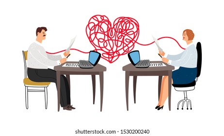 Love affair at work vector illustration. Colleagues are in love, male female managers characters