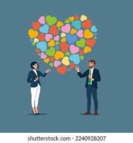 Love affair at work vector illustration. Colleagues are in love, male female managers characters. Modern flat vector illustration