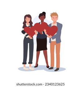  Love, Affection, and Care concept for charity campaigns. Romantic. A group of people Holding Big Red Heart. Flat vector cartoon illustration