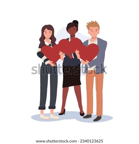  Love, Affection, and Care concept for charity campaigns. Romantic. A group of people Holding Big Red Heart. Flat vector cartoon illustration