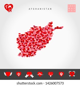 I Love Afghanistan. Red and Pink Hearts Pattern Vector Map of Afghanistan Isolated on Grey Background. Love Icon Set.