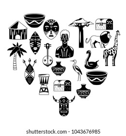 I love Africa. Heart of Africa. African tribal icons, heart shape. Pattern. T-shirt print.