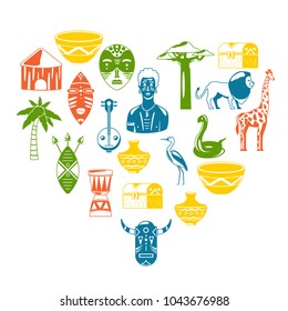 I love Africa. Heart of Africa. African tribal icons, heart shape. Pattern. Masks, animals, birds, music, culutre. 