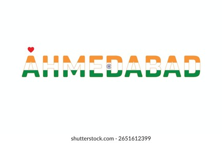 I Love AHMEDABAD, Typographic Design of I Love AHMEDABAD on a white background, Flag Typography of AHMEDABAD with heart, Vector design of I Love AHMEDABAD