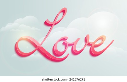 Love is in air, 3D pink text Love written on sky for Happy Valentine's Day celebrations.