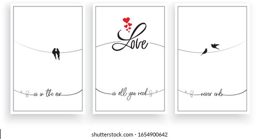 Love is in the air, love is all you need, never ends,vector. Wording design, lettering. Scandinavian minimalist poster design, three pieces poster design, wall art decor, wall decals, love quotes