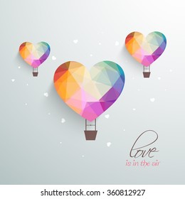 Love is in the Air, Creative hot air balloons in colorful origami heart shape for Happy Valentine's Day celebration.