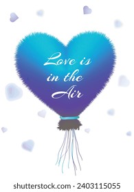 Liebe ist in der Air Font Nachricht Flying Fluffy Heart Form Ballon in unscharfem weißem Hintergrund. 