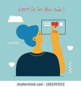 Love is in the air. Girl with heart as love messages. Vector illustration for Valentine's day in the modern flat style