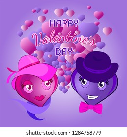 Love is in the air - greeting card for st. Valentine's day celebration. Girl and boy heart characters. Vector template.