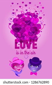 Love is in the air - greeting card for st. Valentine's day celebration. Girl and boy heart characters. Vector template.