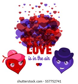 Love is in the air - greeting card for st. Valentine's day celebration. Girl and boy heart characters. Vector template.