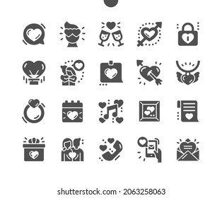 El amor está en el aire. Relación humana y amantes. Carta de amor. Anillo de bodas. Romántico y con bloqueo cardíaco. Iconos sólidos vectoriales. Pictograma simple