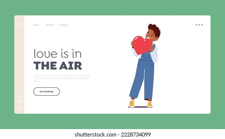 Love is in Air Landing Page Template. Little Boy Character Holding Big Red Heart in Hands. Concept of Love, Donation, Organ Transplantation. Happy Child with Heart. Cartoon People Vector Illustration