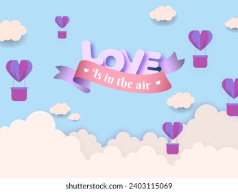 Liebe ist in der Air Message Font mit Papier Cut Heart Form Hot Air Balloons in Wolken Sky blauen Hintergrund in Papier Cut. Glückliches Valentinstag-Poster oder Kartendesign.