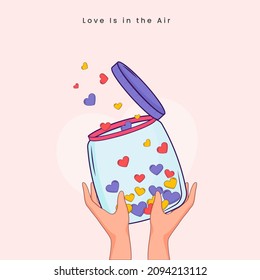 Love Is In The Air Message With Hand Holding Jar And Flying Hearts On Pink Background.