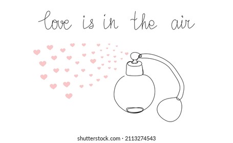 Love is in the air one line art. Continuous line drawing of perfume with pheromones, aroma of love, heart, love, feelings.