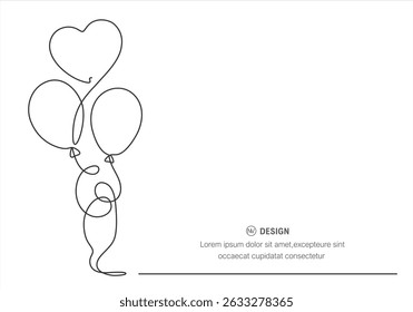 Love is in the air one line art. Continuous line drawing of a bouquet of heart-shaped balloons, heart, love, feelings.

