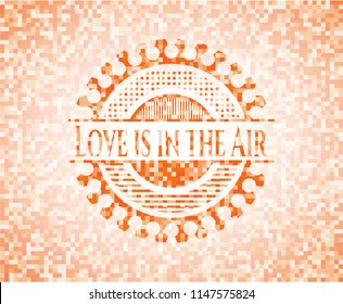 Love is in the Air orange tile background illustration. Square geometric mosaic seamless pattern with emblem inside.