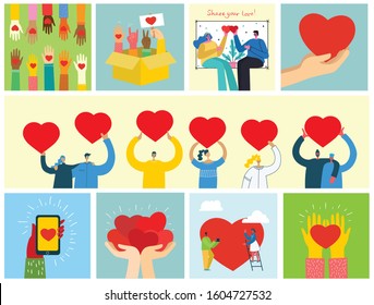 Love is in the air. People with hearts as love messages. Vector illustration for Valentine's day in the modern flat style