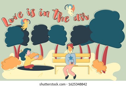 Love is in the air.Two poeple resting in park and cute Cupids flying above them. Vector illustration.