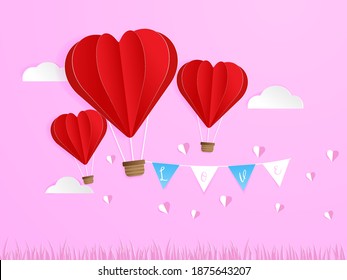 love in the air, red heart shape balloon flying in sky with love flag paper craft style, valentine greeting card vector illustration