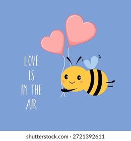 El amor está en el aire. Composición romántica en forma de postal cuadrada. Abeja de dibujos animados con globos en forma de corazón y texto sobre un fondo azul. Ilustración vectorial