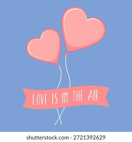 El amor está en el aire. Composición romántica en forma de postal cuadrada. Corazones rosados y una cinta con texto sobre un fondo azul. Ilustración vectorial