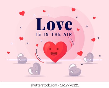 Love is in the air. Trendy flat vector heart icons with concept of love on pink background.