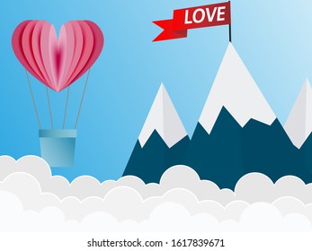 Love is in the air typography for valentines day with paper cut pink heart shape balloon flying and hearts decorations in white background. Vector illustration.
