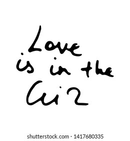 Love is in the Air. Vector hand draw lettering. Ink draw illustration for postcard, greeting card and banner. Grunge lettering logo