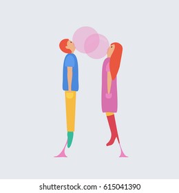 love is in the air vector. two people hover. stretched gum cartoon sticks on a high heels & on a shoe of a woman & man. young couple flying with a bubbles gum balloon illustration flat design style.