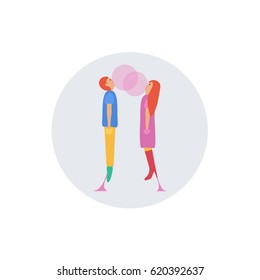 love is in the air vector. two people hover. stretched gum sticks on high heels &  shoe of a woman & man. young couple & bubbles gum balloon flat design style in a rounded circle. button for web site 