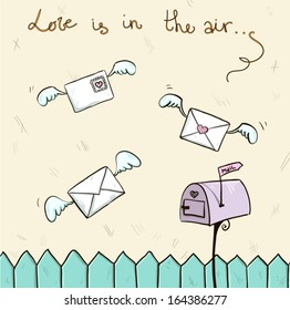 love is in the air. Winged letters, mailbox. St. Valentine's post.