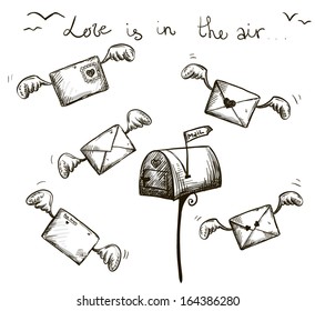 love is in the air. Winged letters, mailbox. St. Valentine's post.