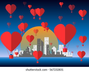 Love is in the Air.Love balloon over cityscapes with Full moon.Love Concept.Vector illustration.