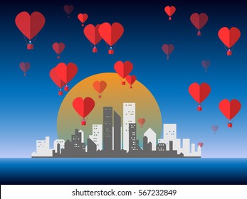 Love is in the Air.Love balloon over cityscapes with Full moon.Love Concept.Vector illustration.