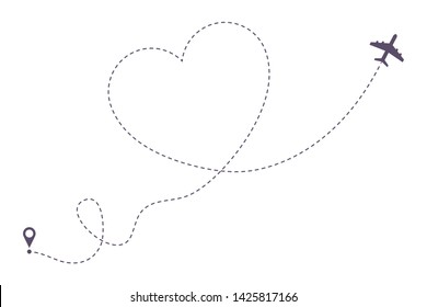 Love Airplane Dotted Line Path. Air Plane Route In Heart Form, Hearted Aircraft Way. Vector Illustration.