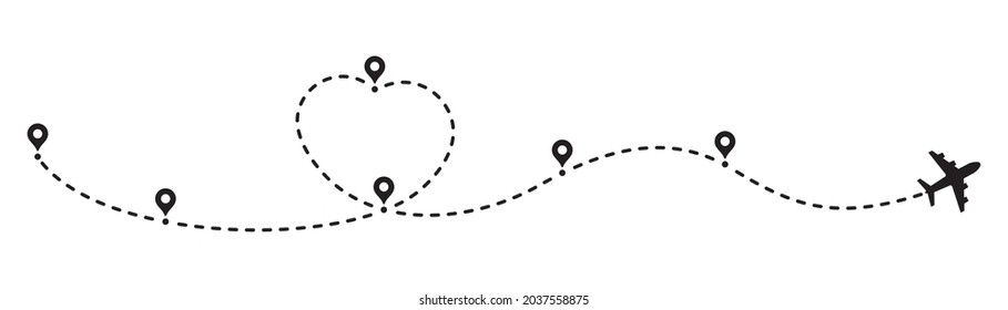 Ruta del avión de amor con línea discontinua, símbolo de viaje romántico, ilustración vectorial