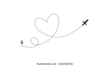 Love airplane route. Heart dashed line trace and plane routes isolated on white background. Romantic wedding travel, Honeymoon trip. Hearted plane path drawing. Vector illustration