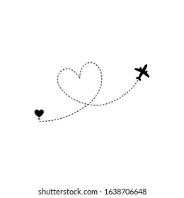 Love airplane route. Heart dashed line trace and plane routes isolated on white background. Romantic wedding travel, Honeymoon trip. Hearted plane path drawing. Vector illustration. EPS 10