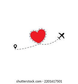 Amo la ruta del avión. Recorrido de líneas discontinuas del corazón y rutas de plano aisladas en fondo blanco. Viaje romántico de boda, viaje de luna de miel. Dibujo de trazado de plano con corazón. Ilustración del vector
