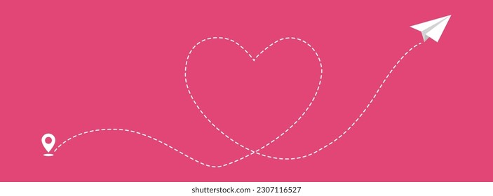 Love airplane route. Heart dashed line trace and plane routes isolated on pink background.Eps 10