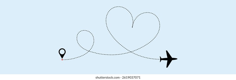Love airplane route. Heart dashed line trace and plane routes. plane symbol with dotted line route. design for travel, honeymoon, holiday. transparent vector